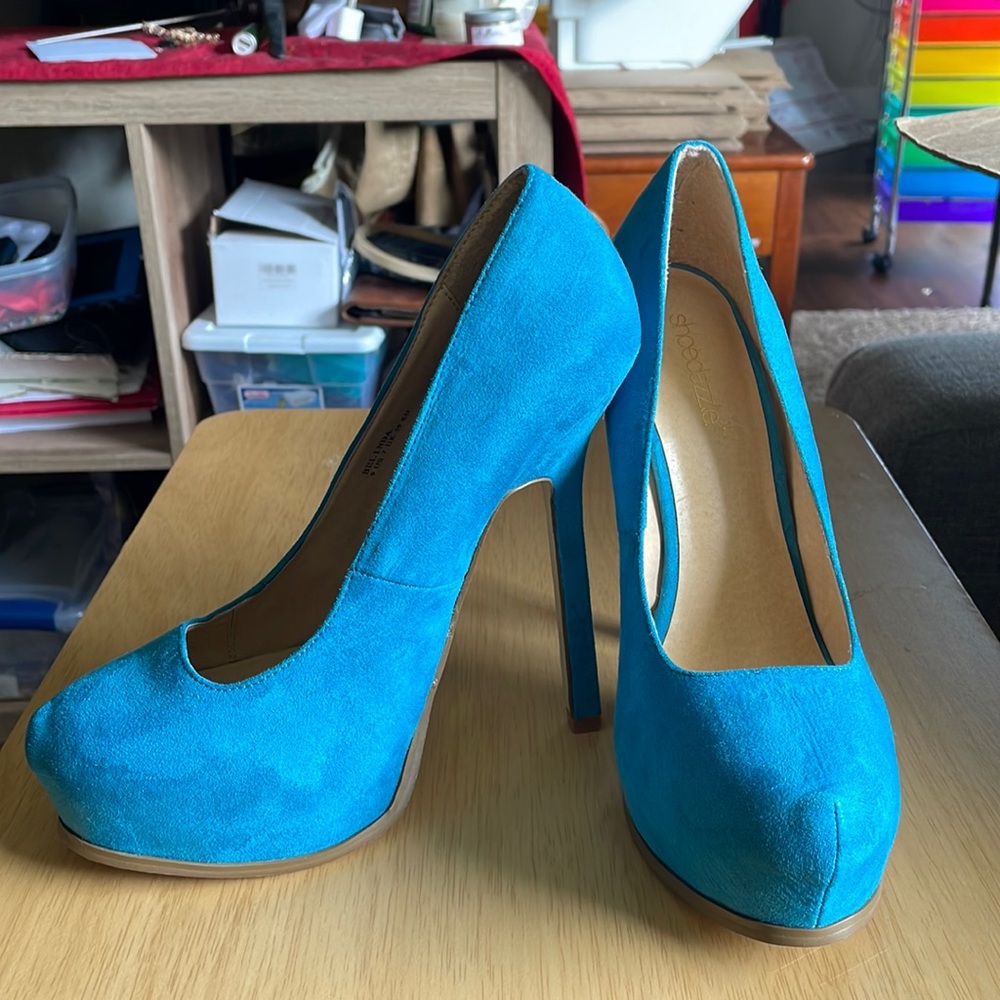 Teal faux suede high heels